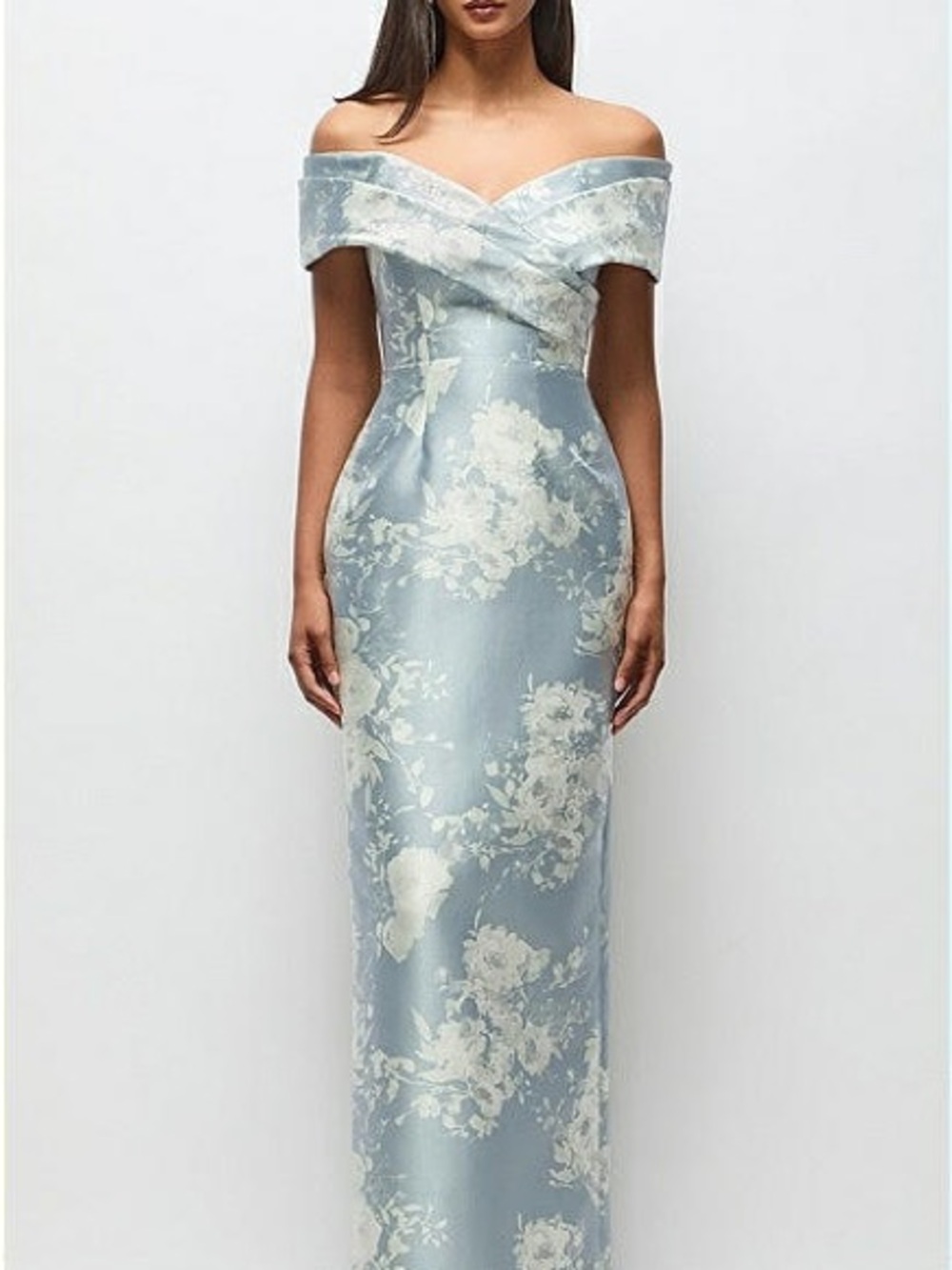 Draped Wrap Off-the-shoulder Satin Column Maxi Dress in Porcelain Blue Seraphina